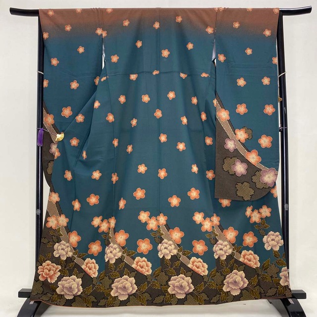 振袖 中古 緑 ブラウン ポリエステル 古典 裄65.3cm 身丈163cm 美品 M サイズ 成人式 3692