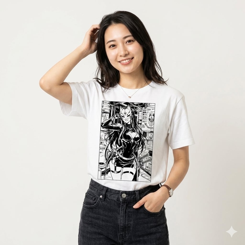 CYBER FOX SAMURAI GIRL Tシャツ：キツネ面×サイバーパンク 侍女子 SF