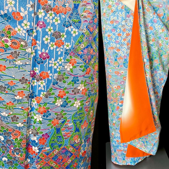 水色に小花模様の小紋〉SALE 仕付け付き未使用品 切りばめ風 古典柄 裄 