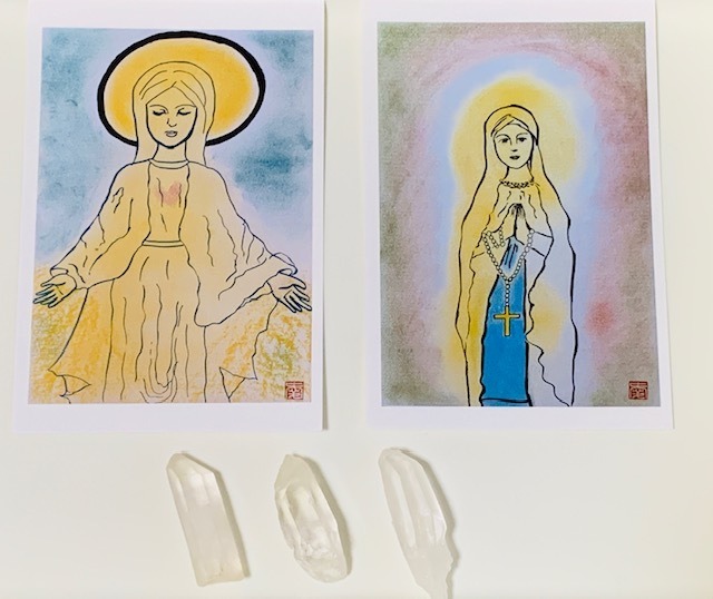 レムリアンシード＆　ルルドの泉の聖母マリア　パリの不思議のメダイ教会　聖母マリアのポストカード　＆　観音様のエネルギー入りのレムリアンシード(1つ)のセット