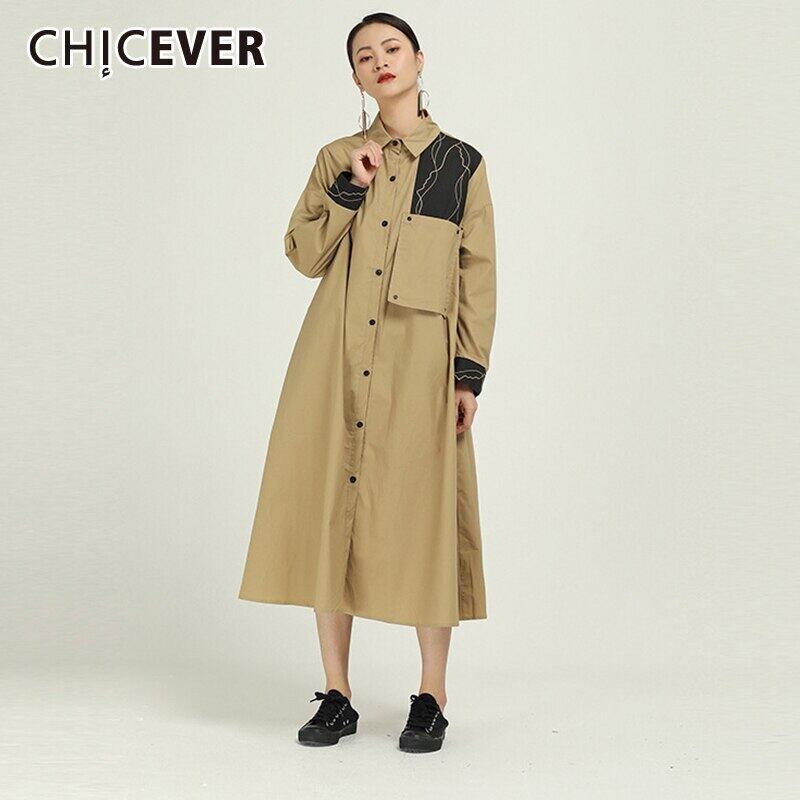 CHICEVERパッチワークヒットカラードレスレディースラペルカラー長袖オーバーサイズルーズアシンメトリーミディド​​レス2020 ロング 6base573399343587