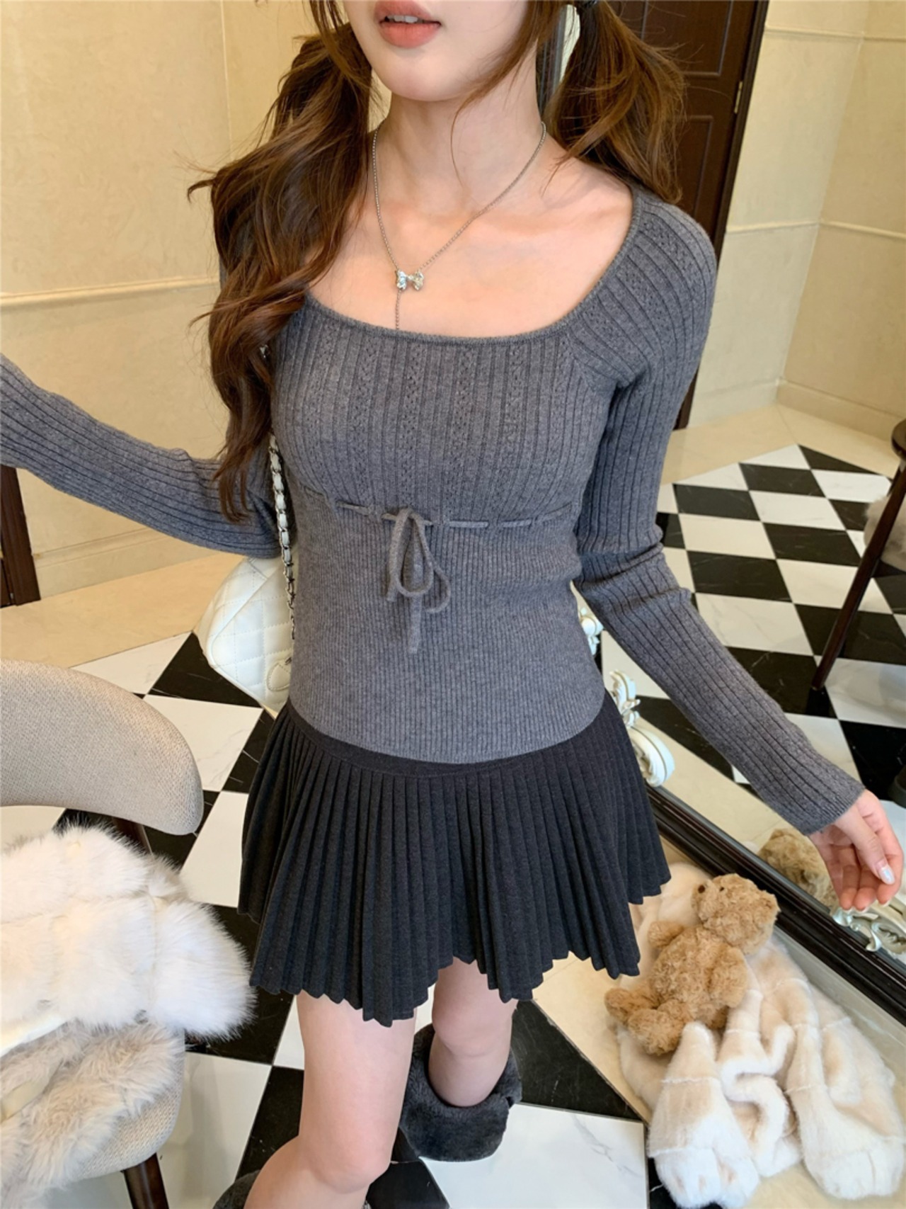 リボンウエストガーリーニットトップス LK1827