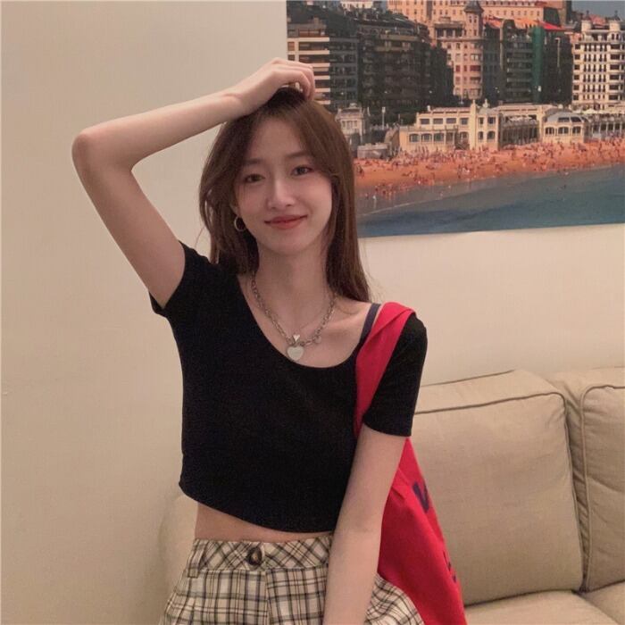 カラーTシャツ シャツ レディーススリムショートサマートップス 夏物 モンロー23273610073