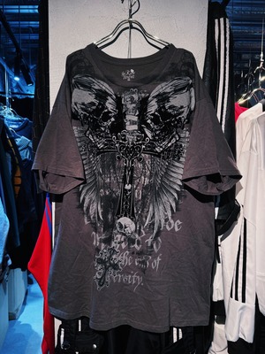 【D4C】vintage glay color skull & cross gorgeous emblem design over sized S/S T shirt