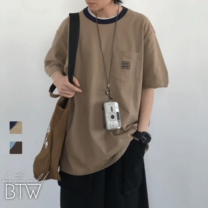 【韓国メンズファッション】バイカラークルーネックTシャツ 半袖 胸ポケット シンプル ゆったり ユニセックス BW2193