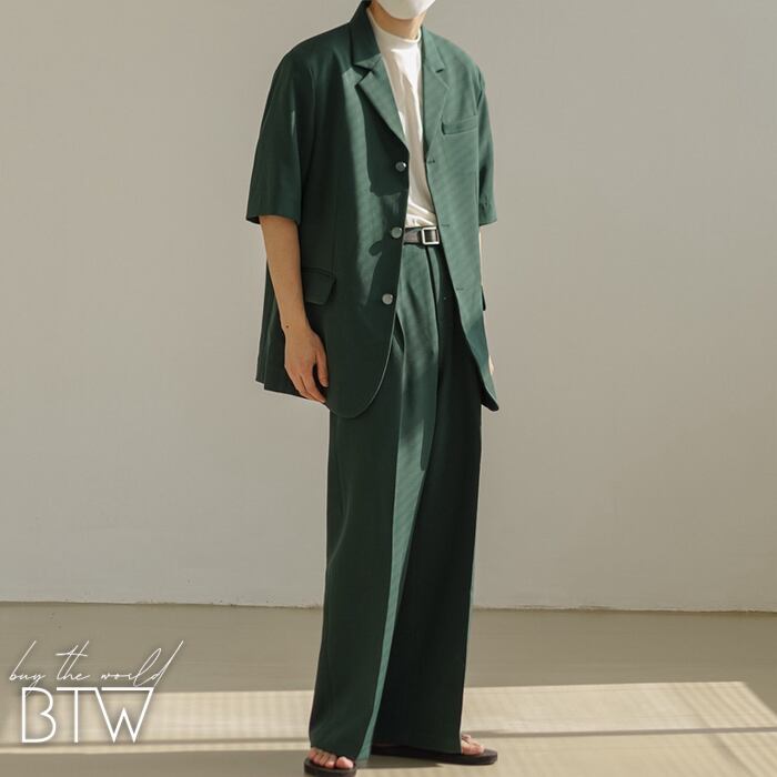 韓国メンズファッション フルジップセットアップ 大人 きれいめ 韓国メンズファッション】ショートスリーブジャケット×ワイド