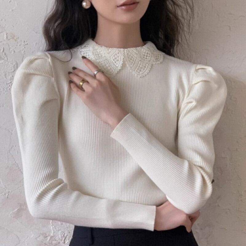 Crochet lace collar puff sleeve knit A1309 arSelects