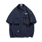 utility shirt with belt short sleeve button-down patch pocket ◇2color H0433