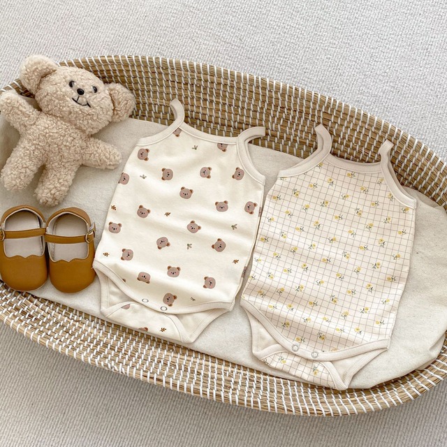 【BABY】くまフラワー柄キャミソールロンパース - 4