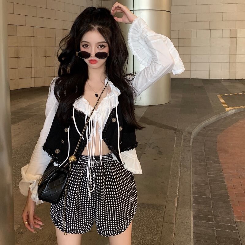 スリーピースオータムスーツレディース2020ニューデザインセンスホワイトシャツベストストレートショーツワイドレッグパンツ ドラファッションホール29460304327