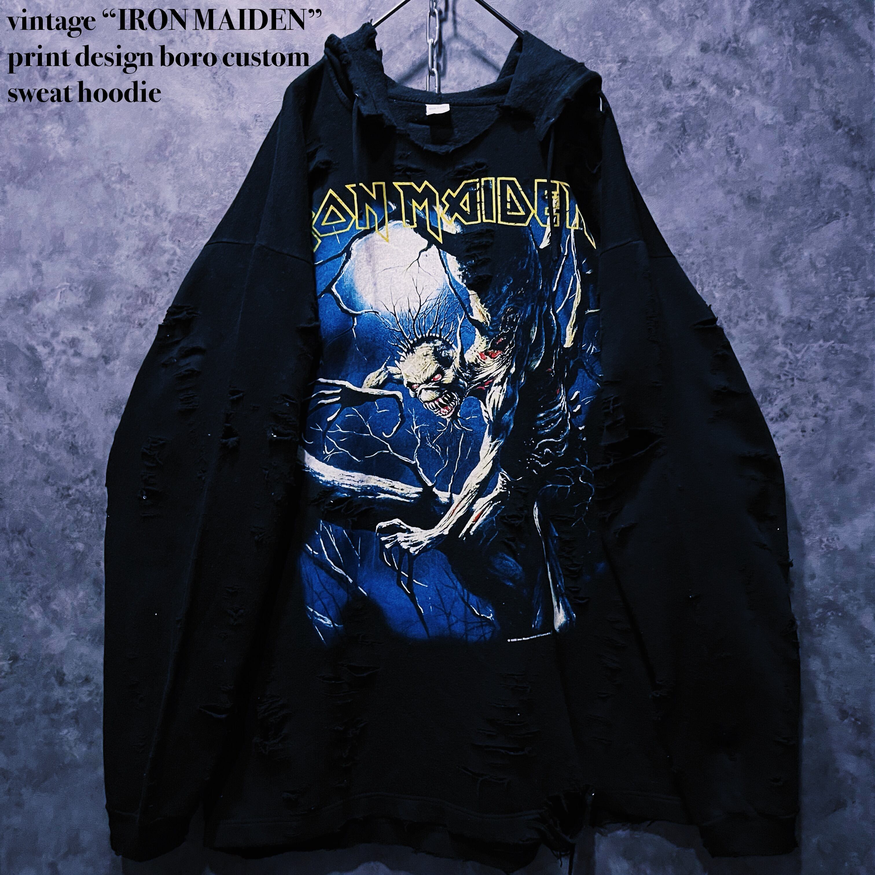 【doppio】vintage “IRON MAIDEN” print design boro custom sweat hoodie