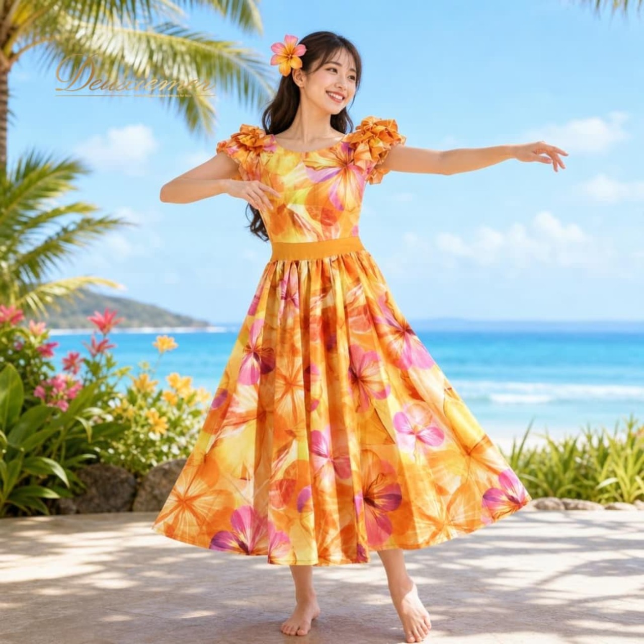 フラダンス 衣装 ALOHA STANDARDS アロハスタンダード ワンピース ドレス オレンジ系 花柄 フリル カラフル かわいい 華やか 鮮やか 明るい 橙 黄 紫 ハワイアン アロハ ハワイアンプリント レッスン 練習 イエロー系 ピンク系 パープル系