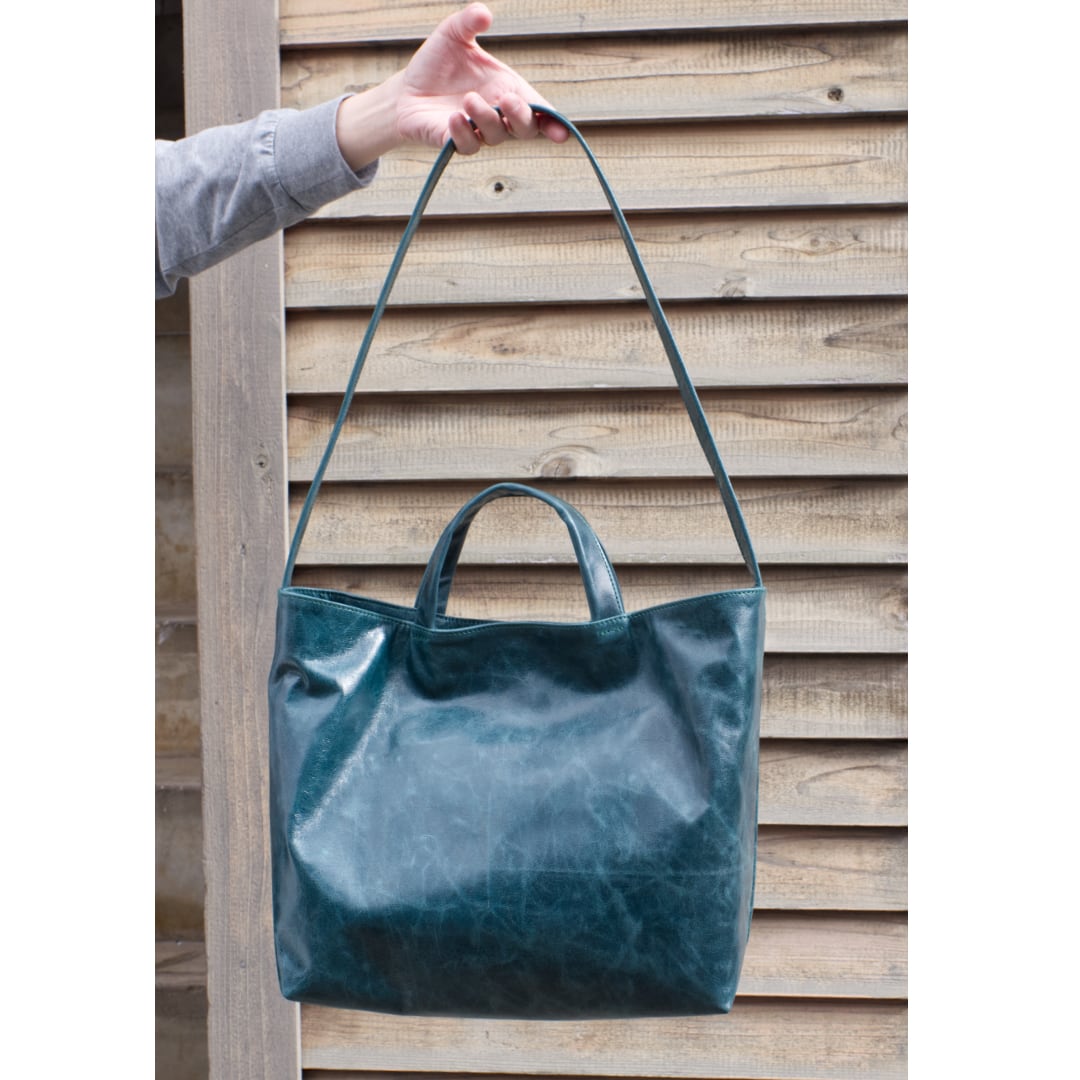<限定1点>馬革プルアップ&クラッキングレザー SHOULDER TOTE -L- ブルーグリーン