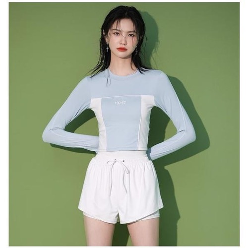 水着 2点セット 上下セット レディース 女性用 フィットネス 長袖 ショートパンツ セパレート ママ 20代 30代 40代 プール 海 スポーツ 可愛い おしゃれ