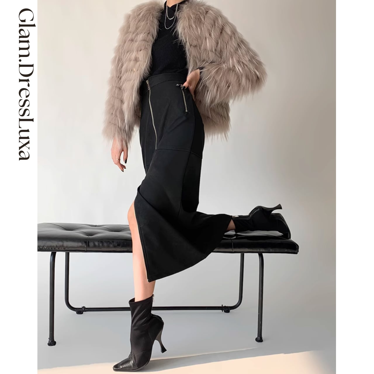 zipスリット レザーロングスカート_S18