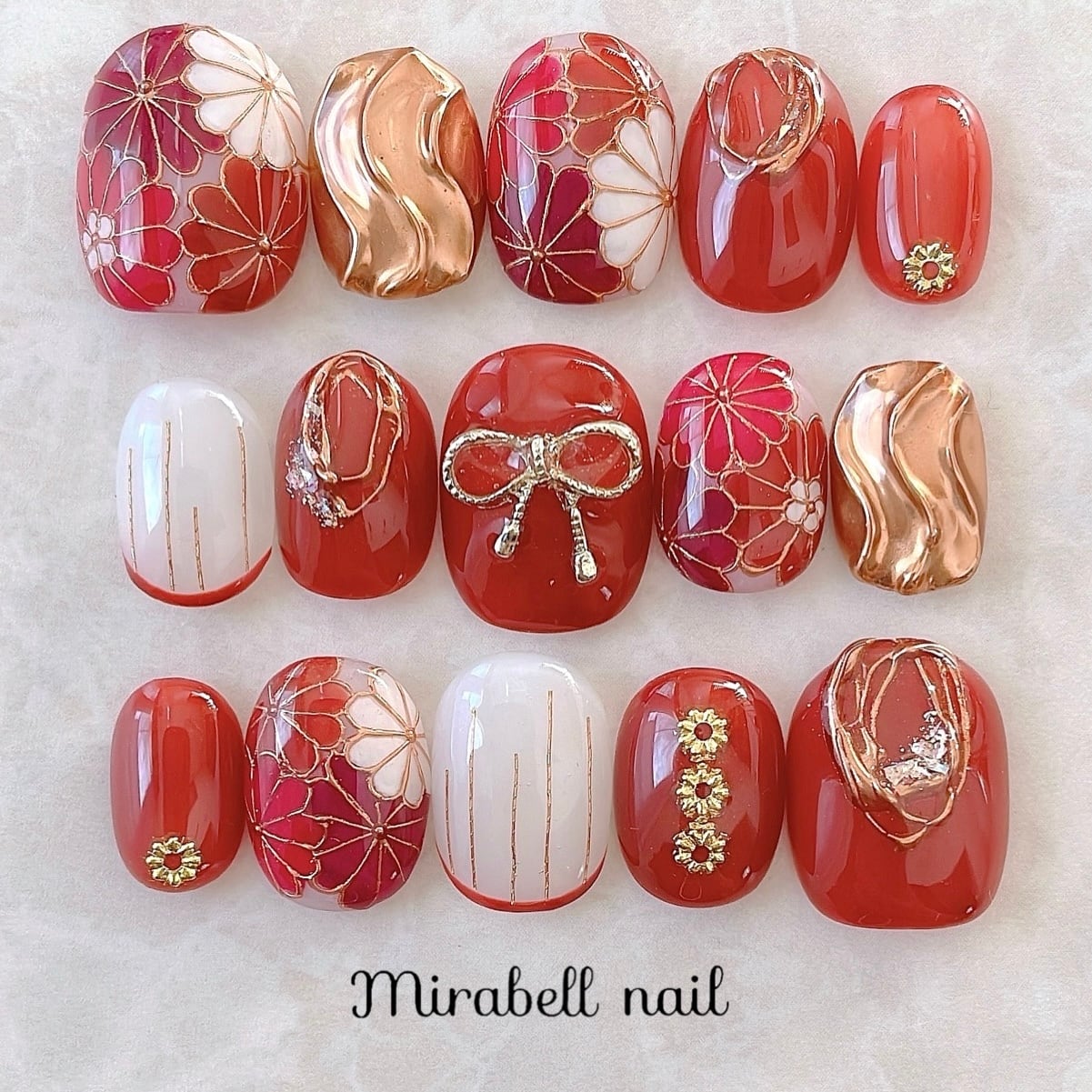 和柄 赤 菊 花 リボン 10枚 15枚 ネイルチップ オーダー セット #ncs019