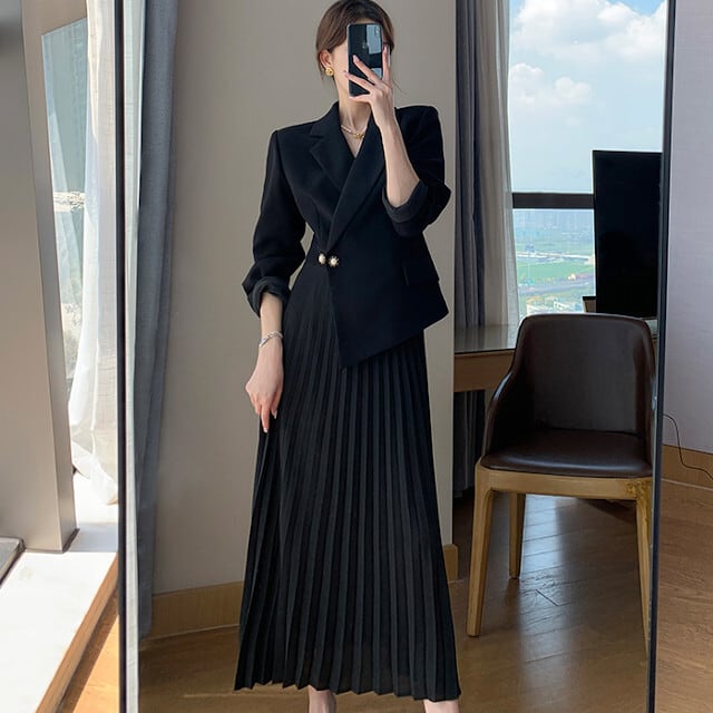 ワンピース レディース ロングワンピ 七分袖 金ボタン プリーツ