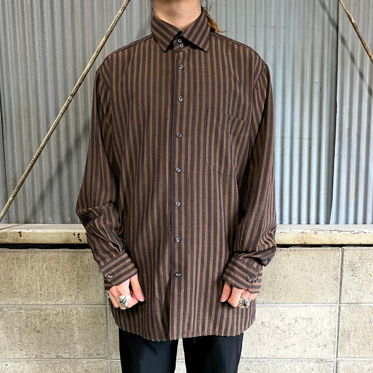 Angelo Litrico 長袖 レーヨン ユーロブランド ストライプシャツ メンズl 古着 ドレスシャツ 総柄シャツ ブラウン系 茶色 長袖シャツ Ws22 50 Sa24 Cave 古着屋 公式 古着通販サイト