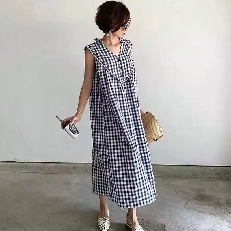 【2color】ギンガムチェックノースリーブワンピース