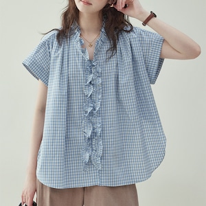blue checkered ruffled cotton lightweight shirt