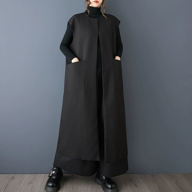 BLACK FRENCH SLEEVES A-LINE LONG VEST COAT 1color M-15178