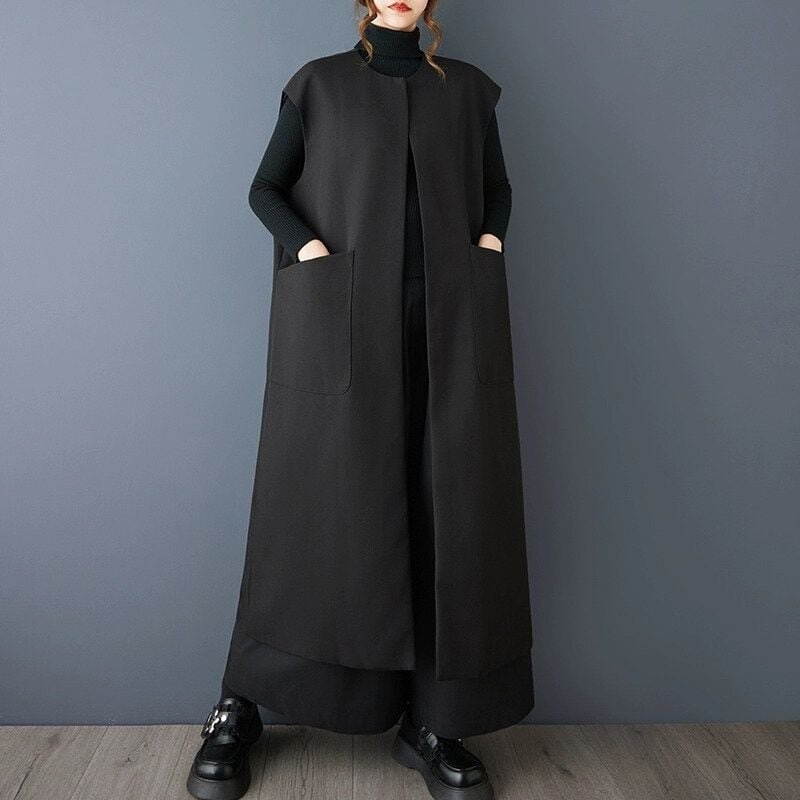 BLACK FRENCH SLEEVES A-LINE LONG VEST COAT 1color M-15178