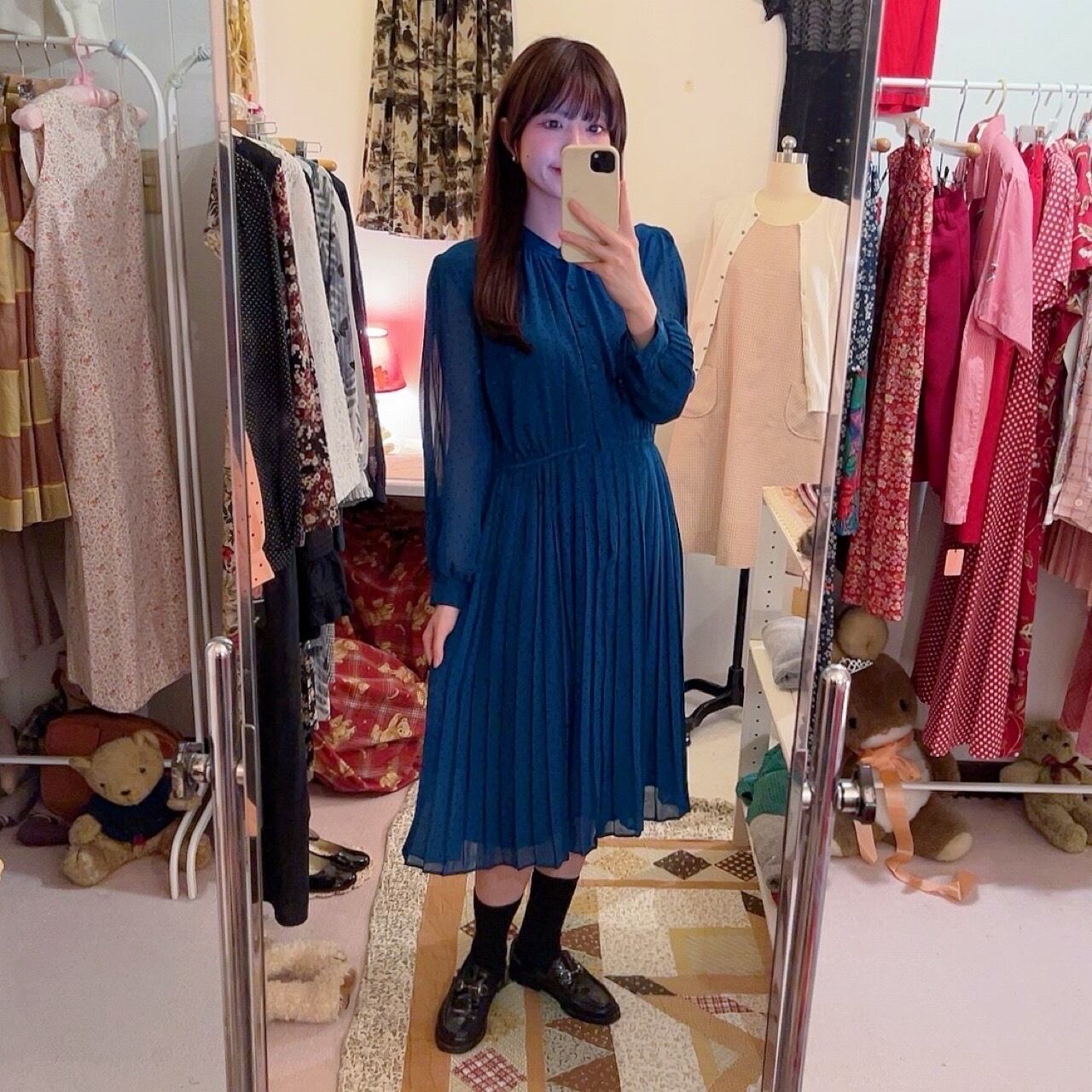 blue green dot pleats one-piece