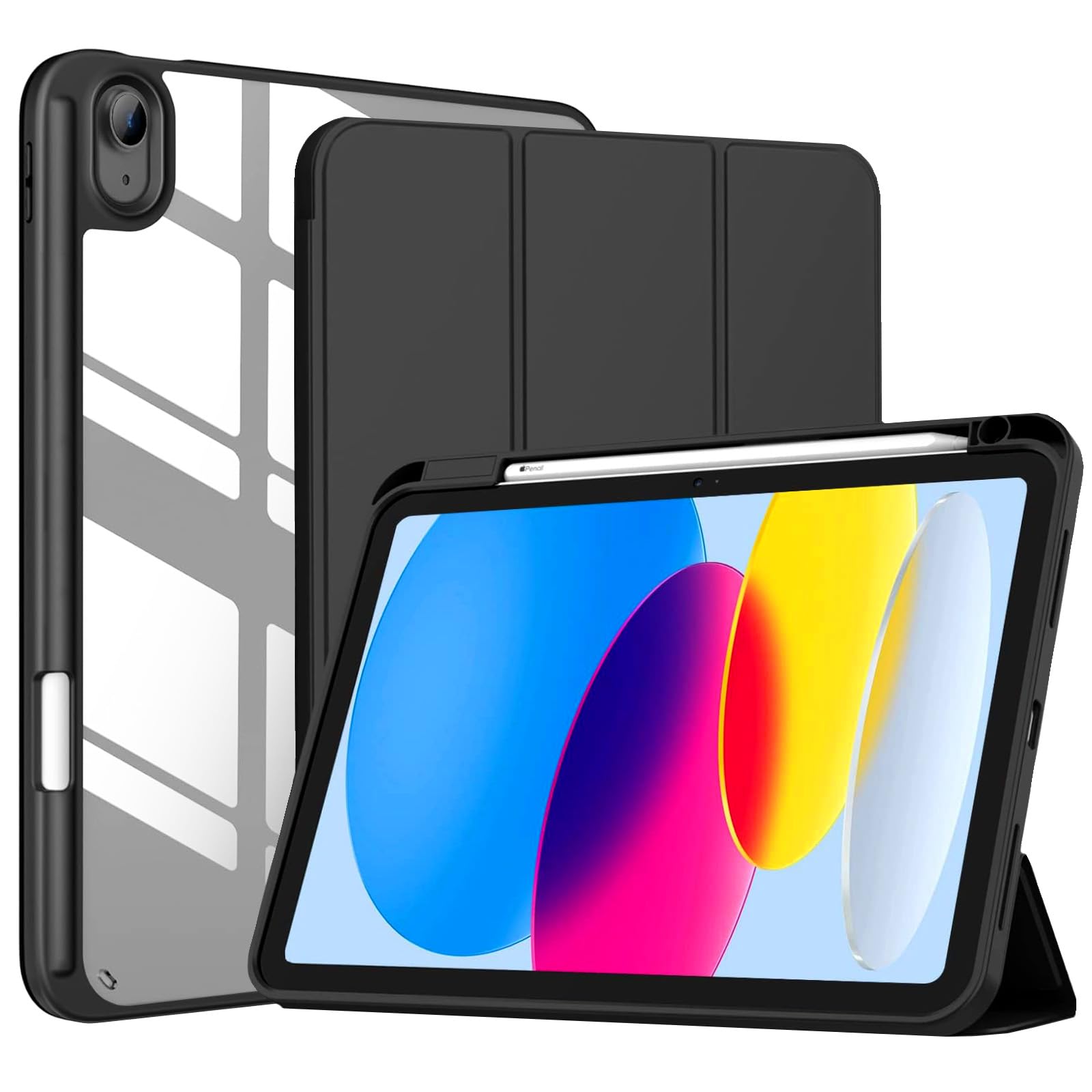 iPad 11世代/10世代 ケース iPad(A16)11インチ 2025/10.9インチ 2022通用 A2696 A2757 A2777 ペン収納 耐衝撃 三つ折り シリコン スマートカバー(ブラック)