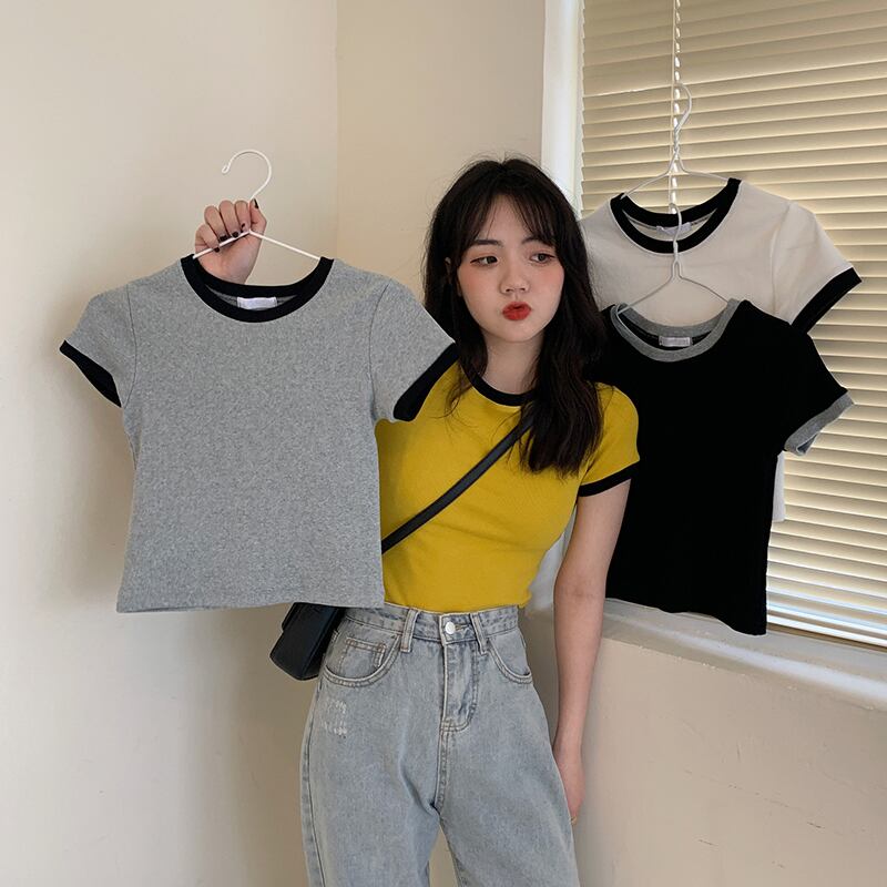 半袖Tシャツ2020新しい女性の夏の学生のカラーマッチングコンピオネートスリム痩身ボトミングシャツクロップトップ 1号婦人79333079601