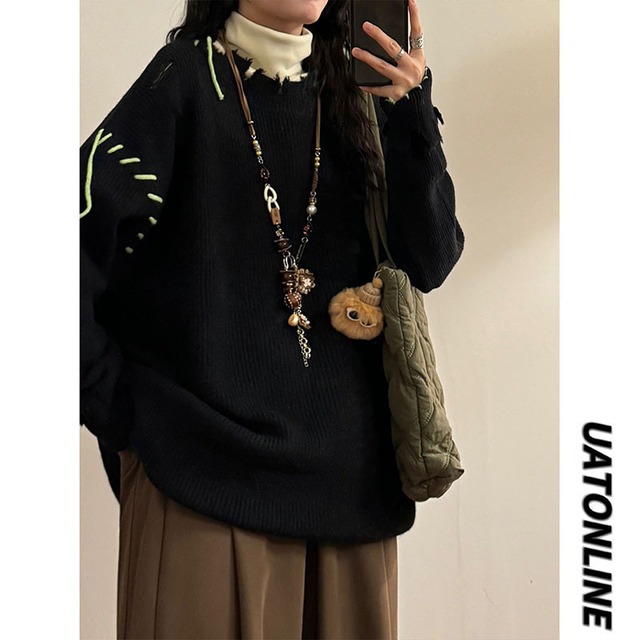 ♥おしゃれの破坏デザインニット！【UATONLINEシリーズ】★セーター★ ユニセックス ニットトップス ブラック 黒い カジュアル