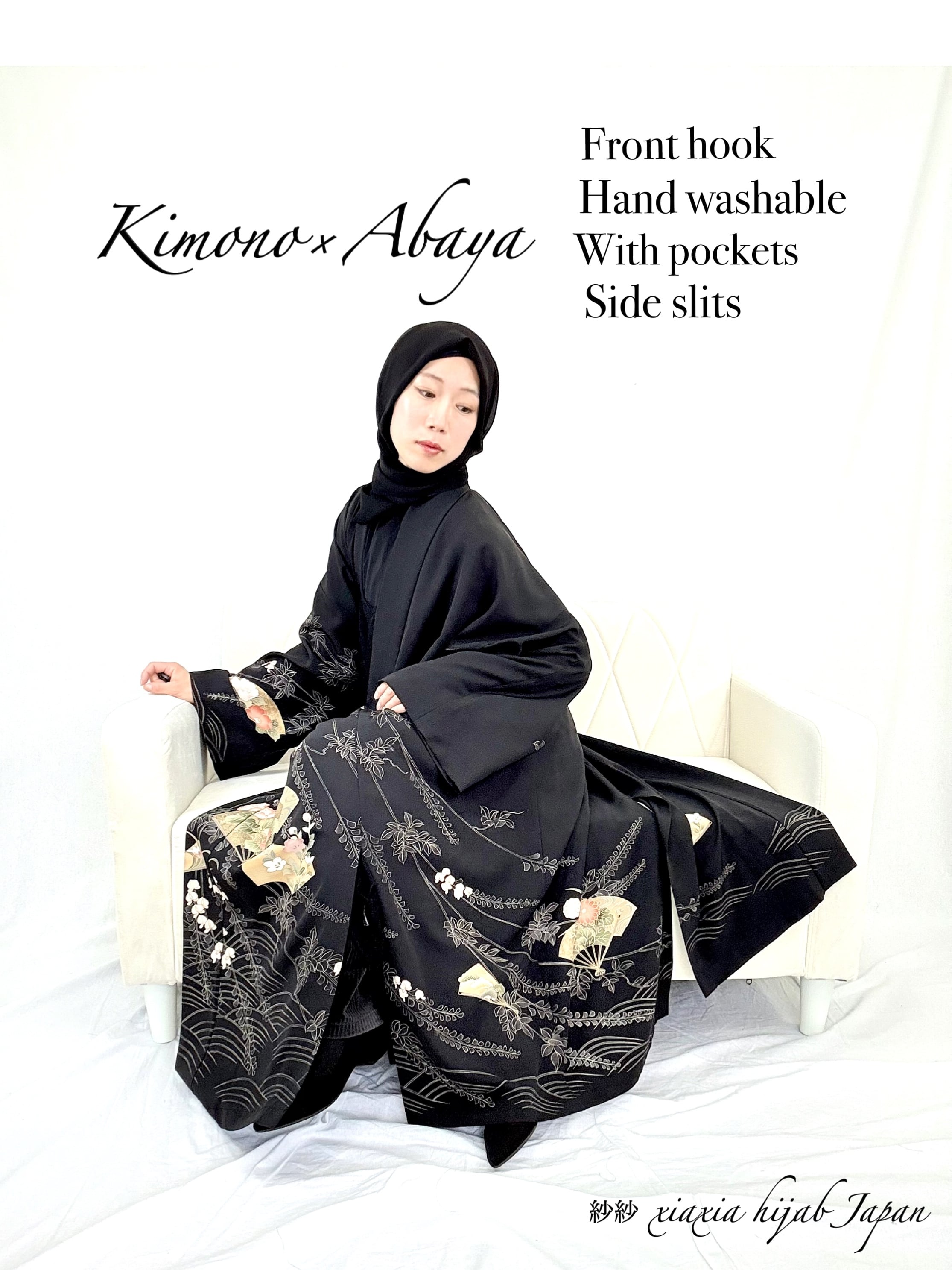 Kimono×Abaya size:M)Wisteria, camellia, and fan patterns | 紗紗