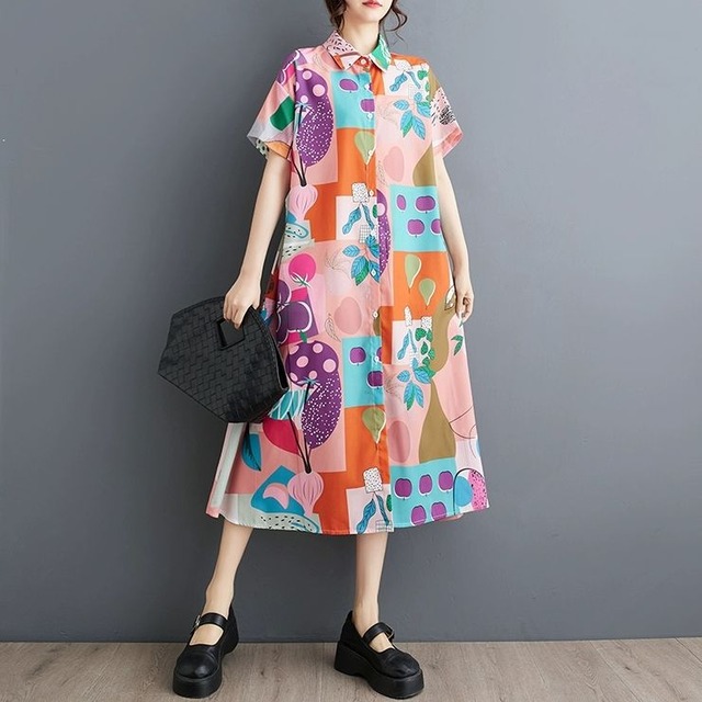 PRINT HALF SLEEVES A-LINE MIDI SHIRT DRESS 1color M-9198
