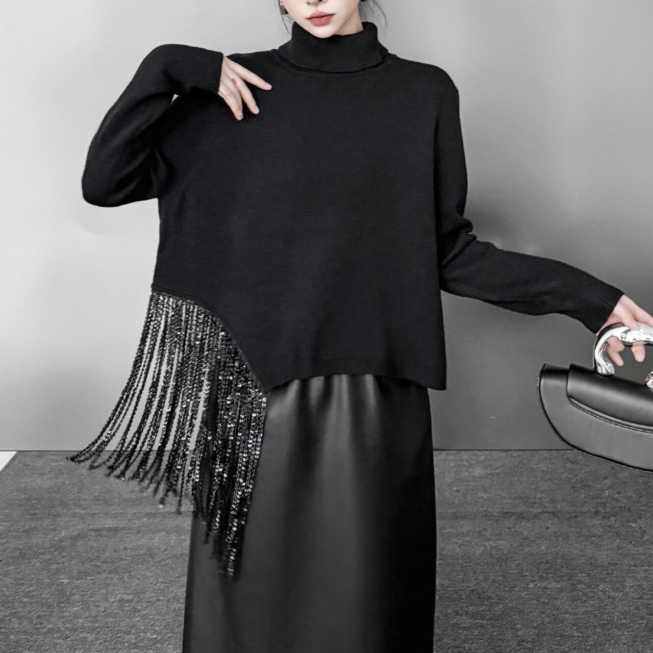 タートルネック 長袖 アシンメトリーヘム ニット 00330