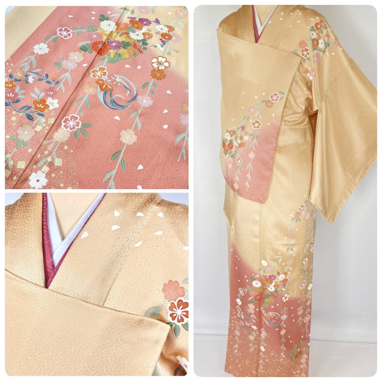 未使用 京友禅 本金箔 四季の花々 桜 訪問着 正絹 袷 肌色 オレンジ 