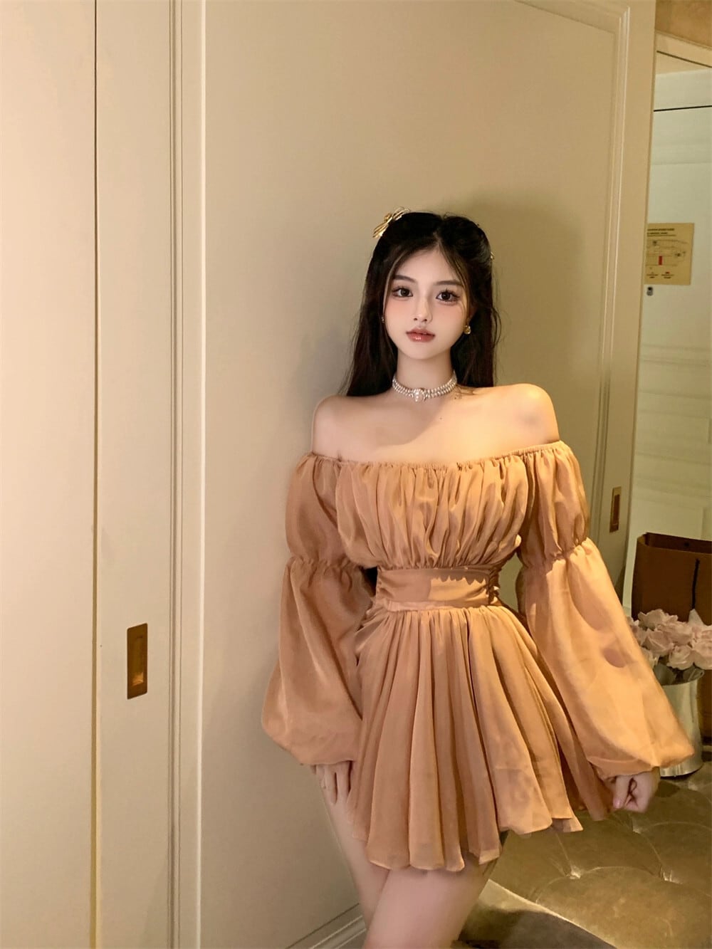 ワンショルダー長袖ハイウエストスリムふわふわドレスレディース