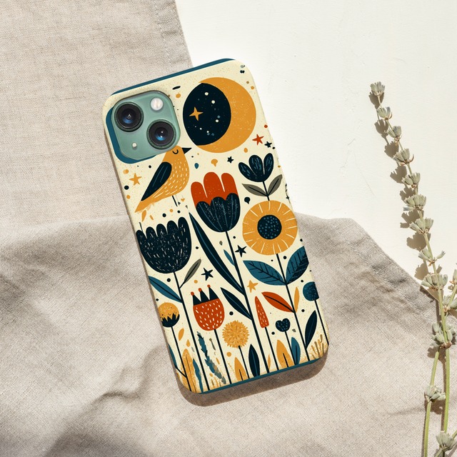 受注生産 iPhoneケース 黄色い太陽と黒い花の民芸柄｜フォークアート FMSY061A