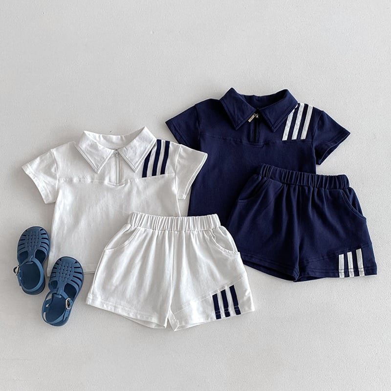 mirror9 ネイビー/ホワイト ポロシャツとショートパンツセット BABY&KID】夏作ストライプ柄半袖ポロシャツショーツセット | 韓国子供