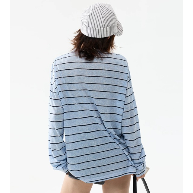 button-front blue border long tee　ボタンフロントブルーボーダーロングティー　J2106