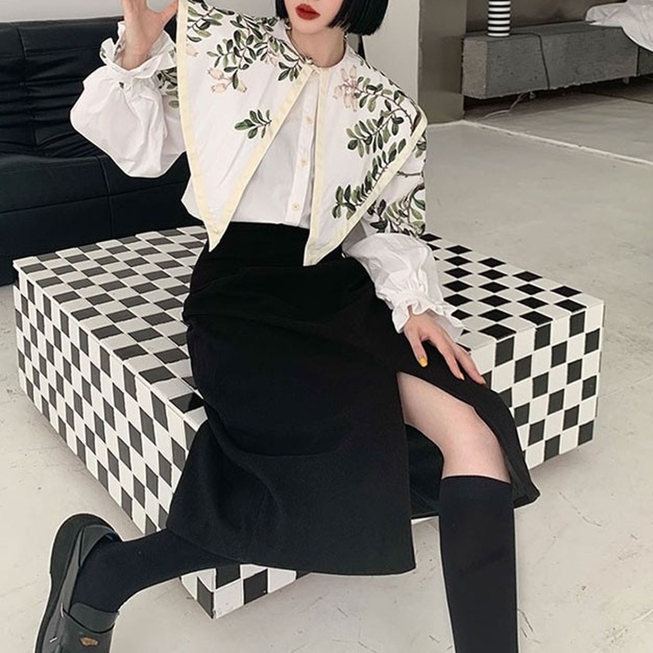 Big Collar Botanical Print Shirt 00622