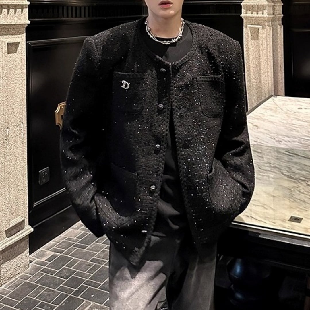 グリッター装飾 ツイード風ノーカラージャケット D11968