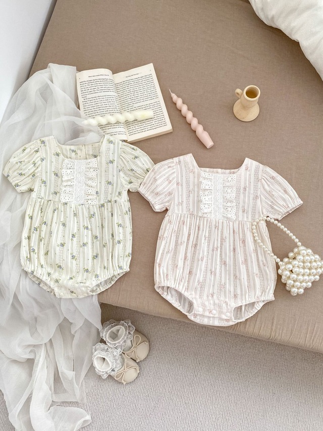 【BABY】ローズレーススクエアネック小花柄半袖ロンパース - 7