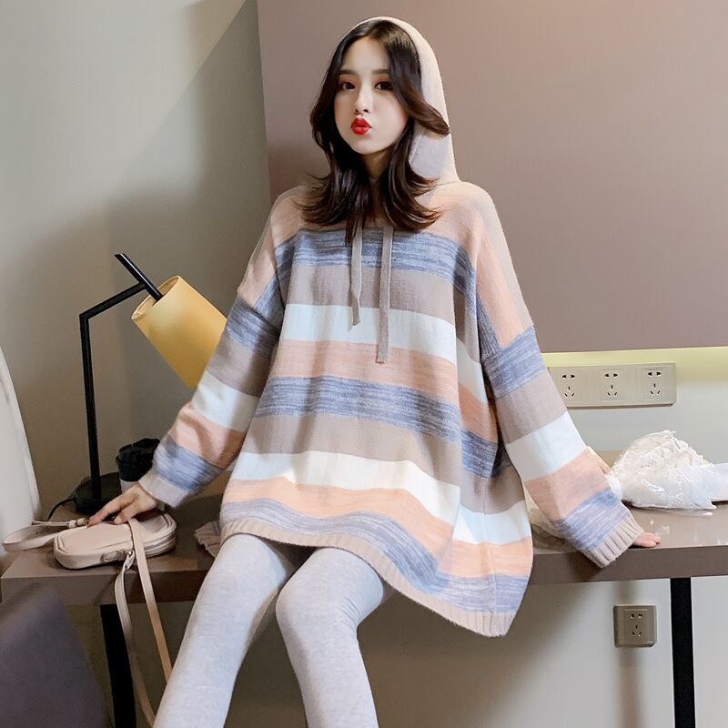 【新作】【送料無料】 マタニティウェア2020秋と冬の新しいニットストライプフード付きルーズトップ+ベリーリフトパンツトレンディなマタニティスーツ-アリババ オータム 秋物 ウィンター 冬物 expec260556289289