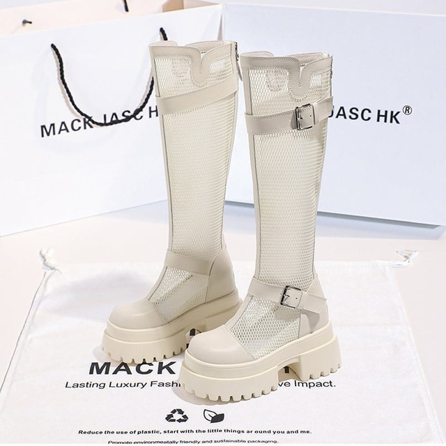 belt mesh thick sole mid-length boots m0116