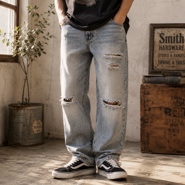 Distressed straight denim pants 00238