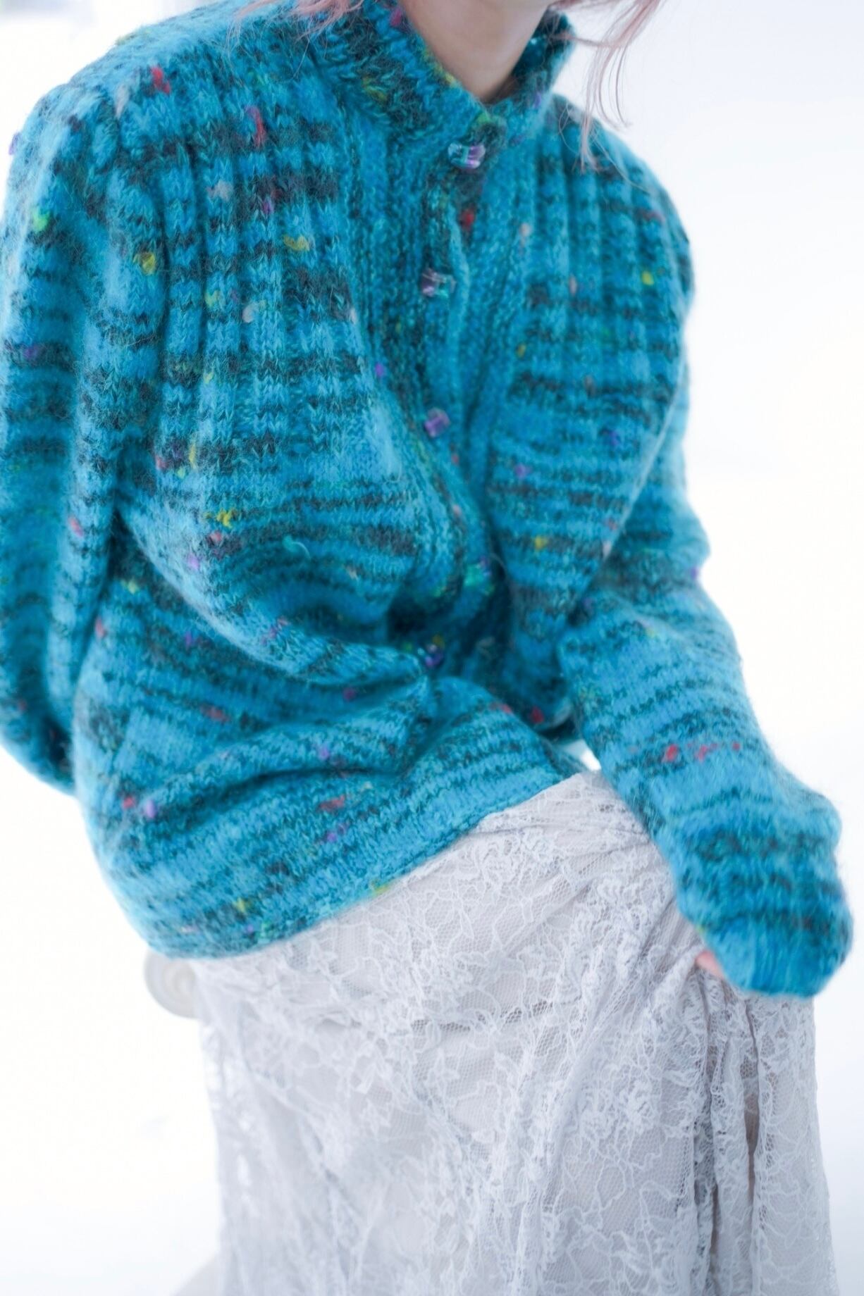 mix color mohair knit cardigan