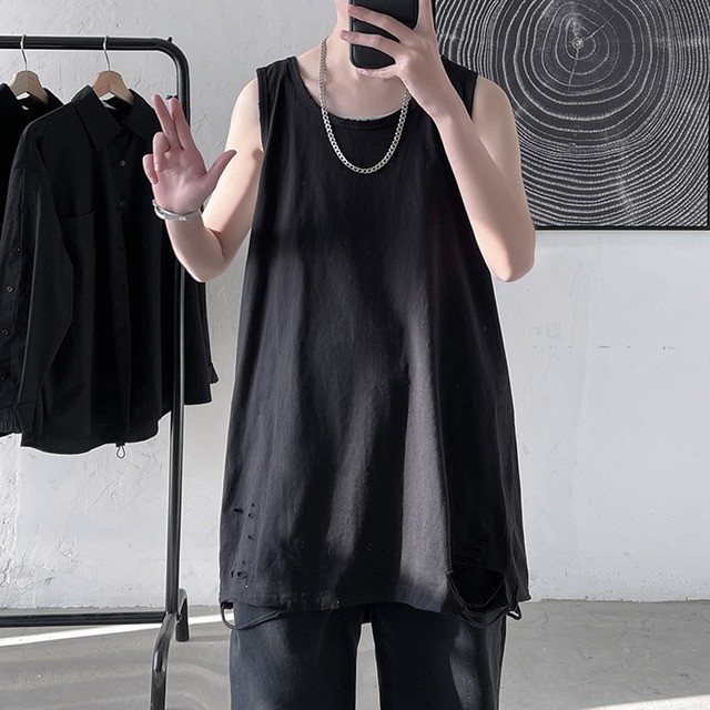 メンズ タンクトップ ノースリーブ Tシャツ ロングtシャツ クラッシュ加工 病み可愛い ストリート系 オルチャン 原宿系 10代 代 モード系ファッション専門店 With U メンズ タンクトップ ノースリーブ Tシャツ ロングtシャツ クラッシュ加工 病み可愛い ストリート系 オルチャン 原宿系 10代 代 モード系ファッション専門店 With U