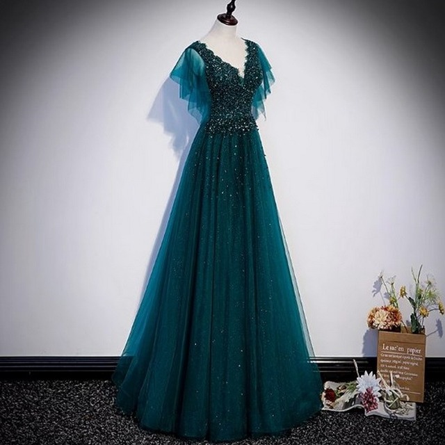 Vネックチュールドレス　D0068