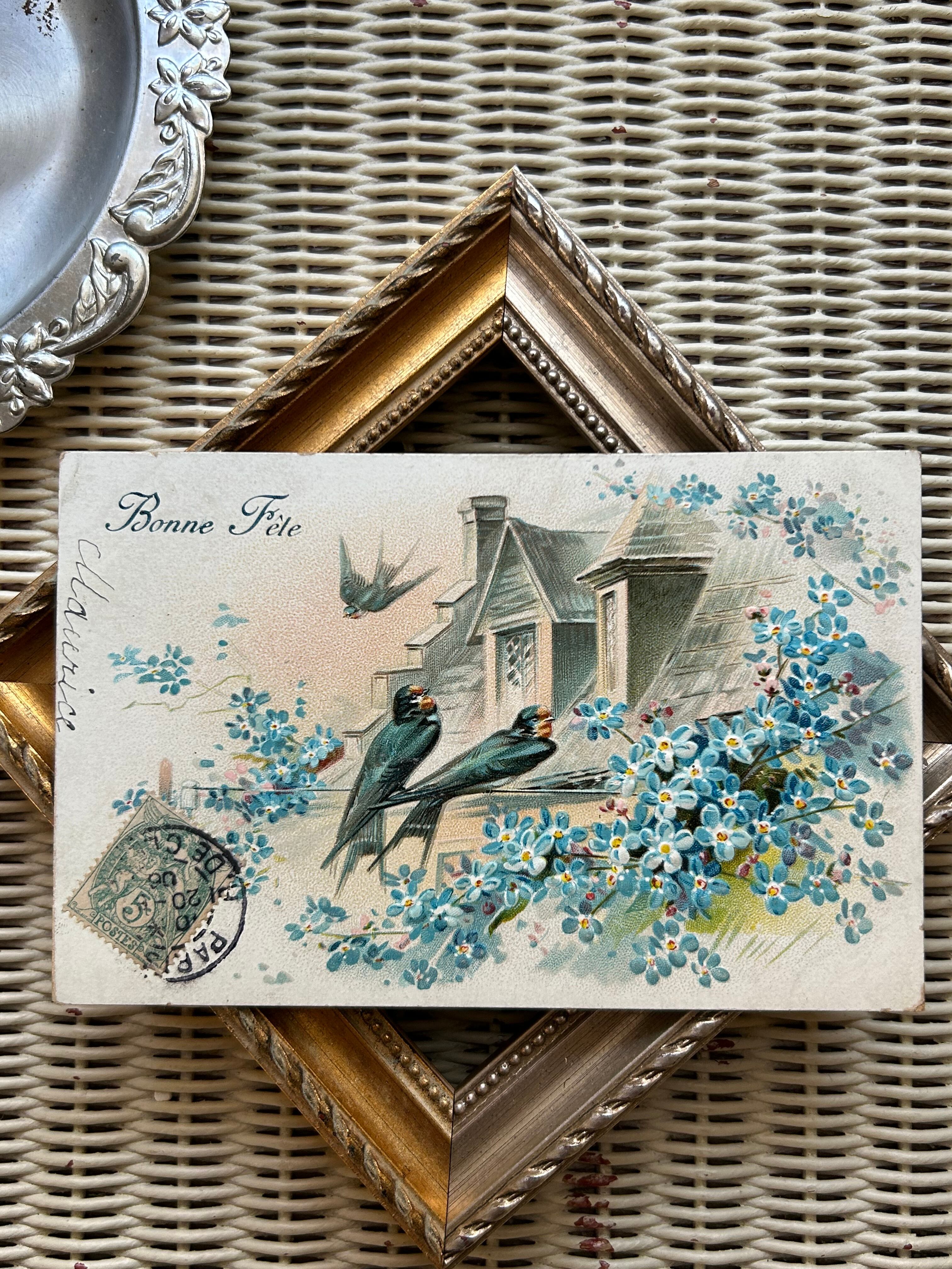 アンティークポストカード つばめと勿忘草 額装 インテリア フランス Bonne fete エンボス