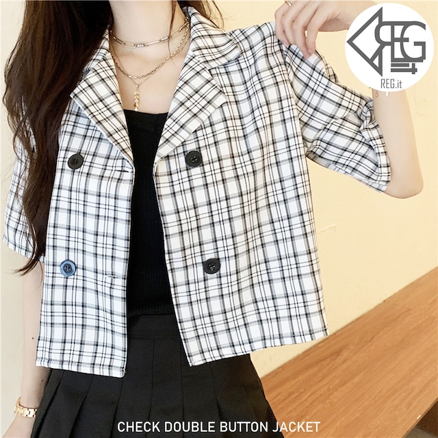 【REGIT】CHECK DOUBLE BUTTON JACKET-WHITE S/S 韓国ファッション アウター ジャケット ショート丈 クロップド 夏 チェック柄 10代 20代 プチプラ 着回し 着映え ネット通販 TPJ001