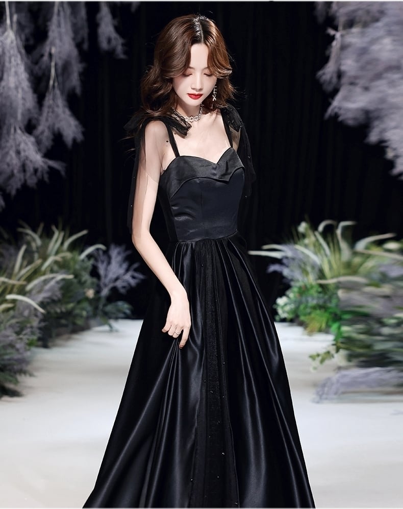 リボン肩紐☆異素材MIXブラックロングドレス XS011 | 中国・韓国の輸入